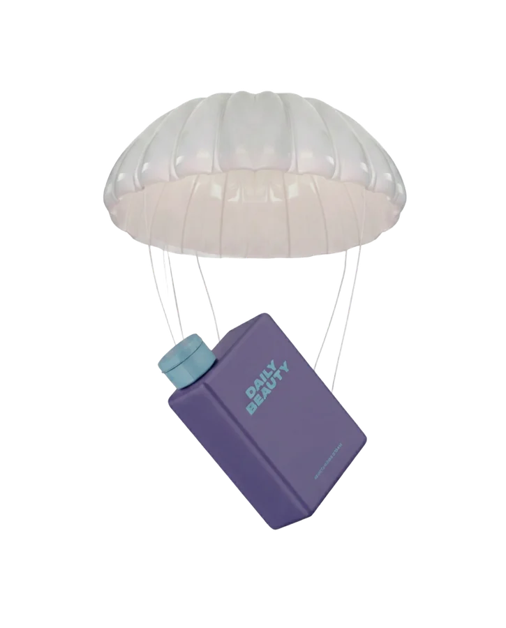 Parachute met een paars flesje eraan, met technische constructielijnen en een gestippelde landingsbaan